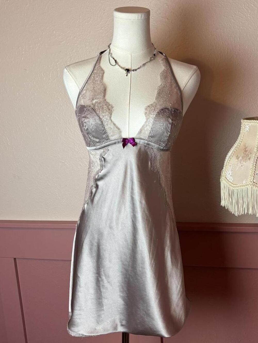 victoria’s secret lace babydoll mini halter slip 2013 dusty pink medium bow